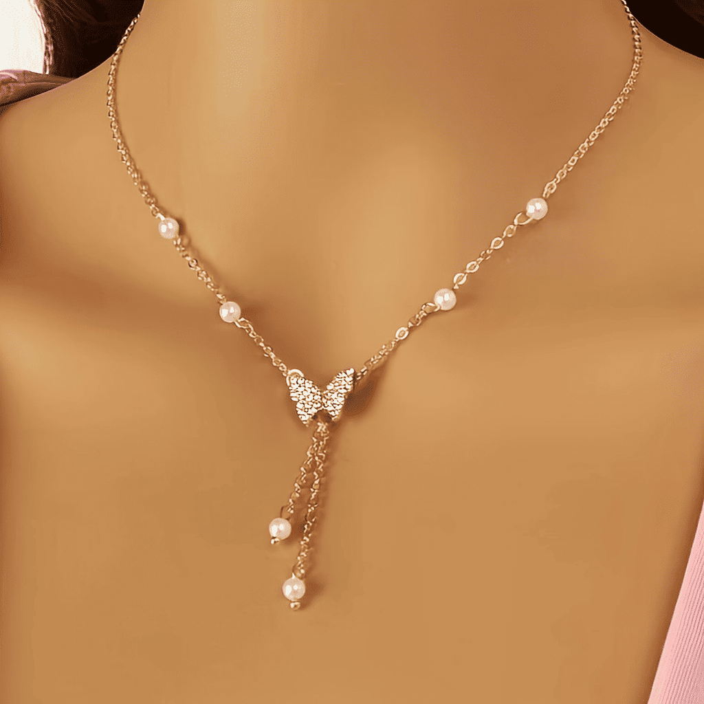 Elegant Zircon Butterfly Pearl Clavicle Necklace for Women, Trendy Design