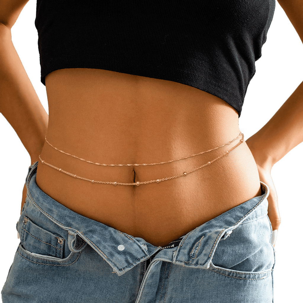 Elegant Double-Layer Gold Tone Bead & Twist Chain Women's Body Waist Jewelry