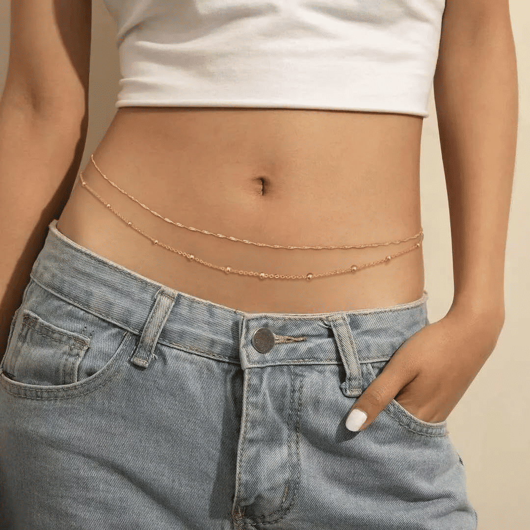 Elegant Double-Layer Gold Tone Bead & Twist Chain Women's Body Waist Jewelry