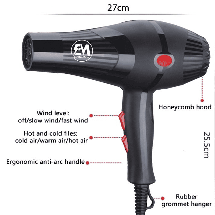 ElectroMate 2200W Professional Blow Dryer: 3-Speed, 2-Temp, Nozzles & Combs