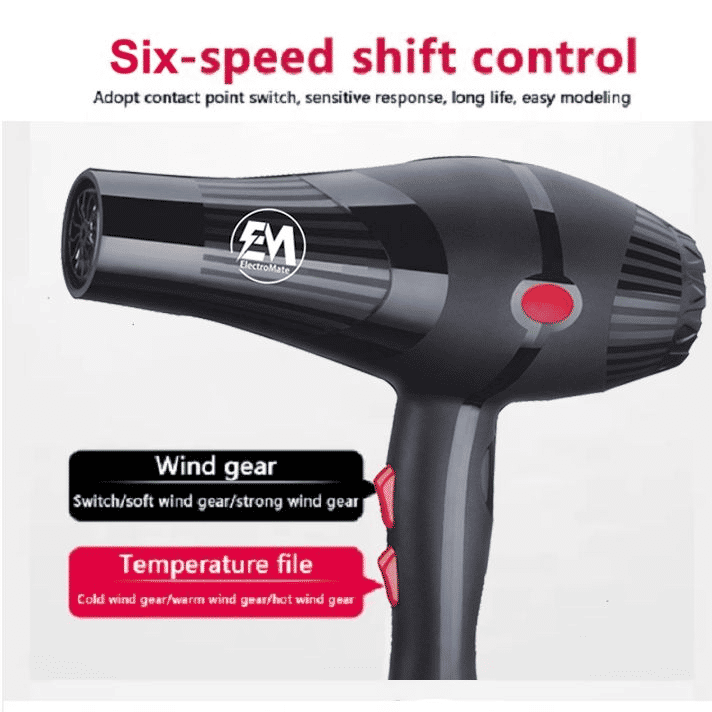 ElectroMate 2200W Professional Blow Dryer: 3-Speed, 2-Temp, Nozzles & Combs