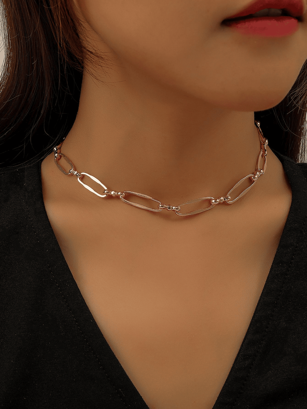 Unisex Oval Metal Link Necklace - Edgy European American Punk Style Chain