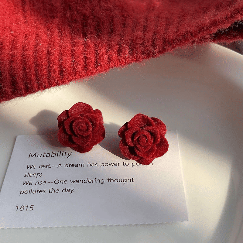 Elegant French Wine Red Velvet Rose Stud Earrings - 8mm Vintage Style