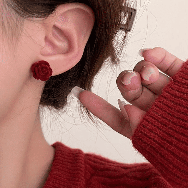 Elegant French Wine Red Velvet Rose Stud Earrings - 8mm Vintage Style