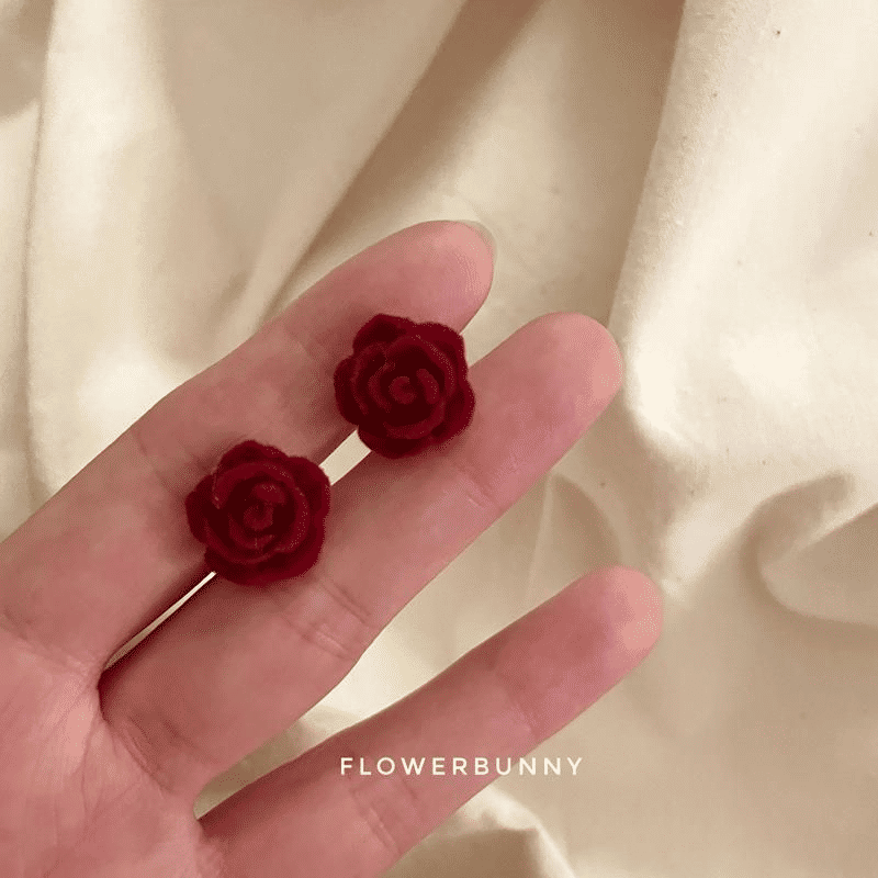 Elegant French Wine Red Velvet Rose Stud Earrings - 8mm Vintage Style
