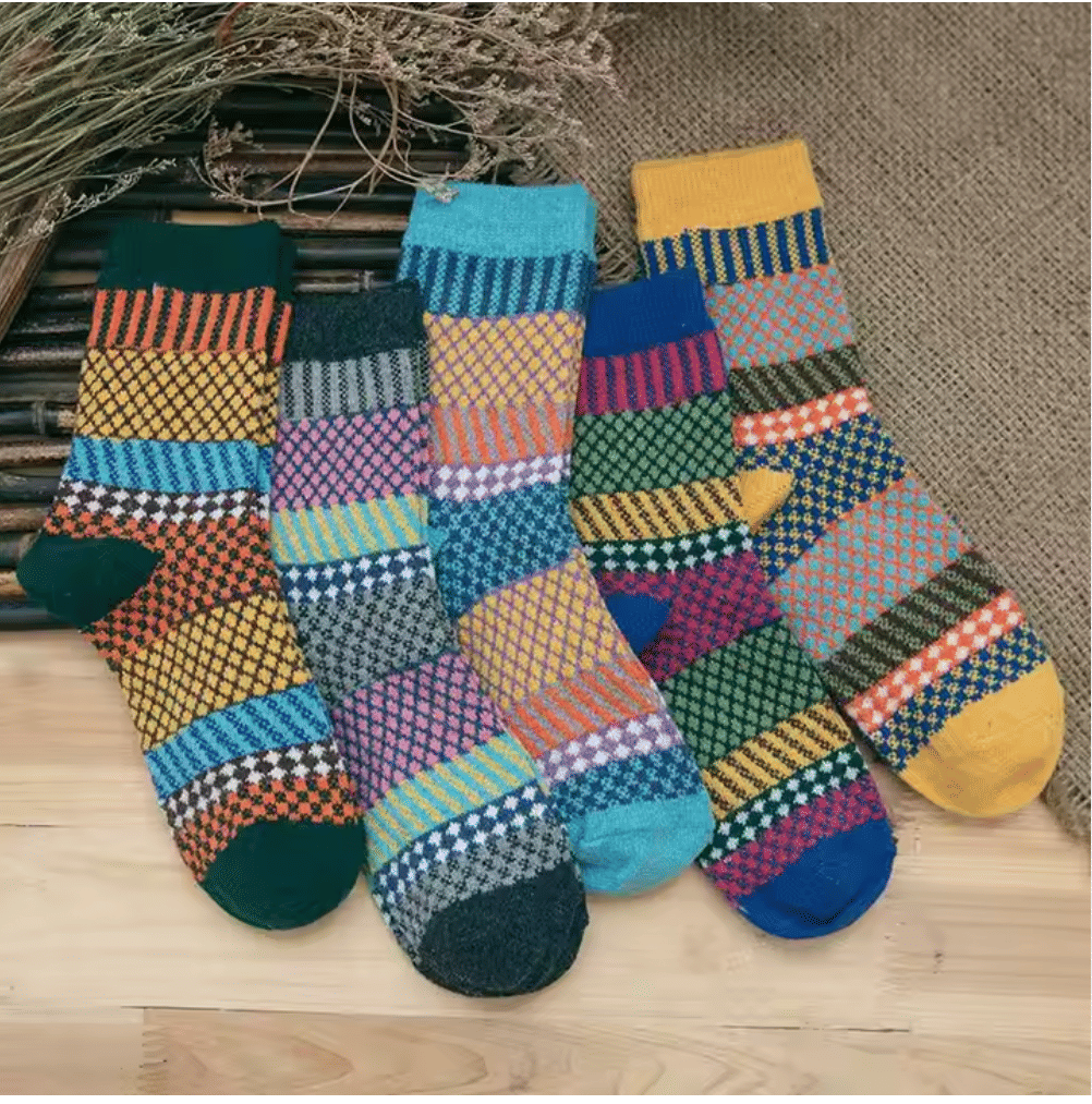 3-Pack Vintage Tribal Patchwork Socks: Harajuku Style Retro Warm Winter Crew Socks