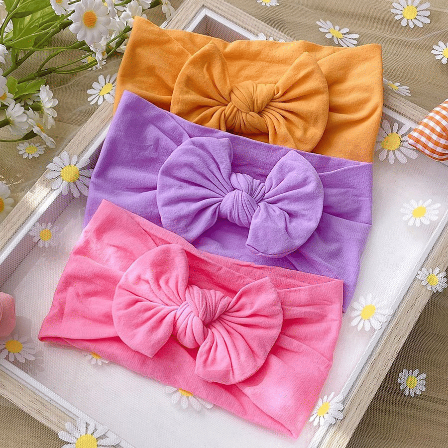 Soft Elastic Nylon Baby Headbands Turban Headwraps with Bows (3-Pack)