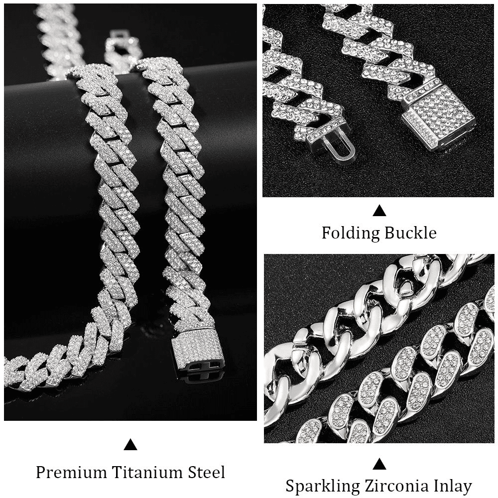 Men's Iced Miami Cuban Link Chain Necklace - Prong Faux Diamond Hip Hop Silver