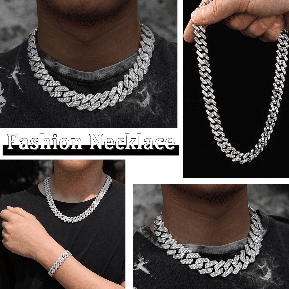Men's Iced Miami Cuban Link Chain Necklace - Prong Faux Diamond Hip Hop Silver