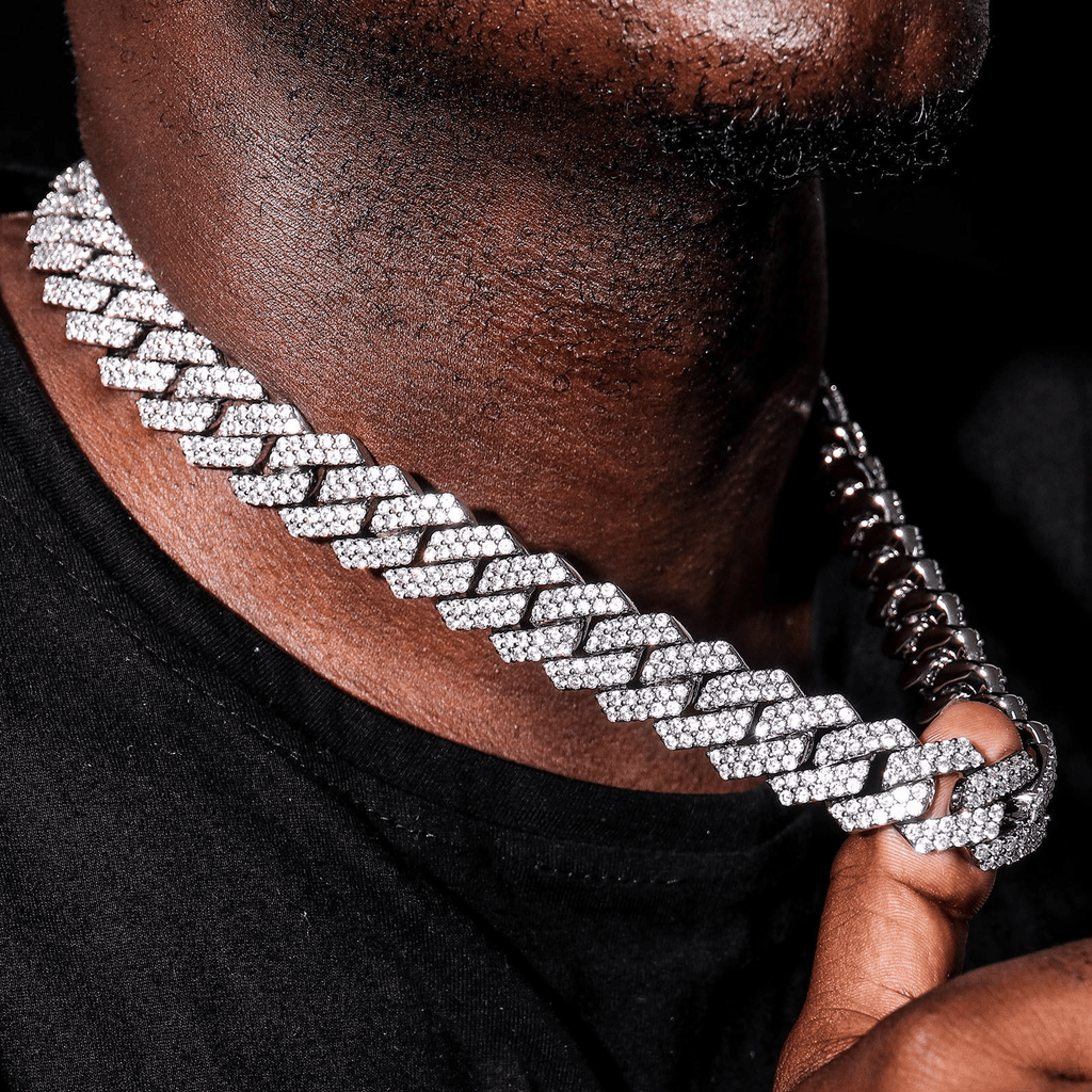 Men's Iced Miami Cuban Link Chain Necklace - Prong Faux Diamond Hip Hop Silver