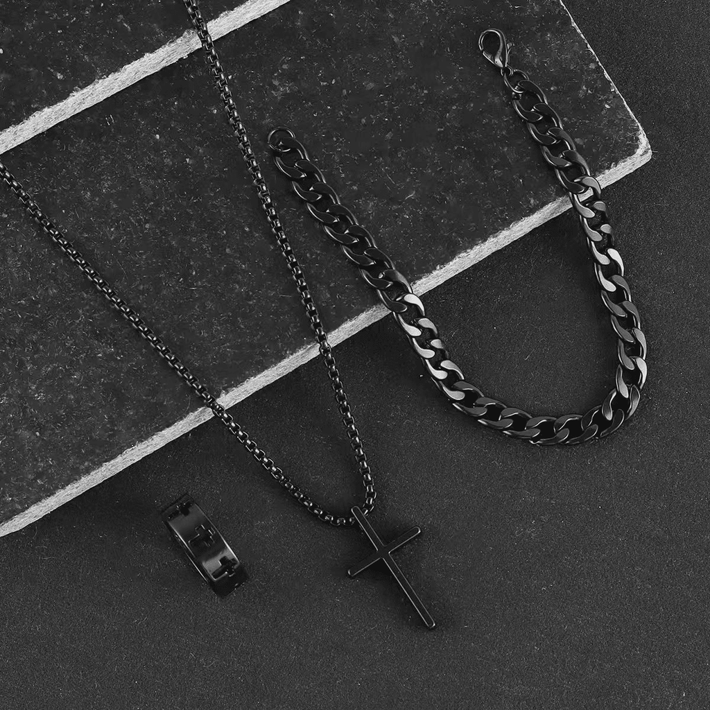 Men's 3-Piece Titanium Steel Cross Jewelry Set - Necklace, Ring, Bracelet