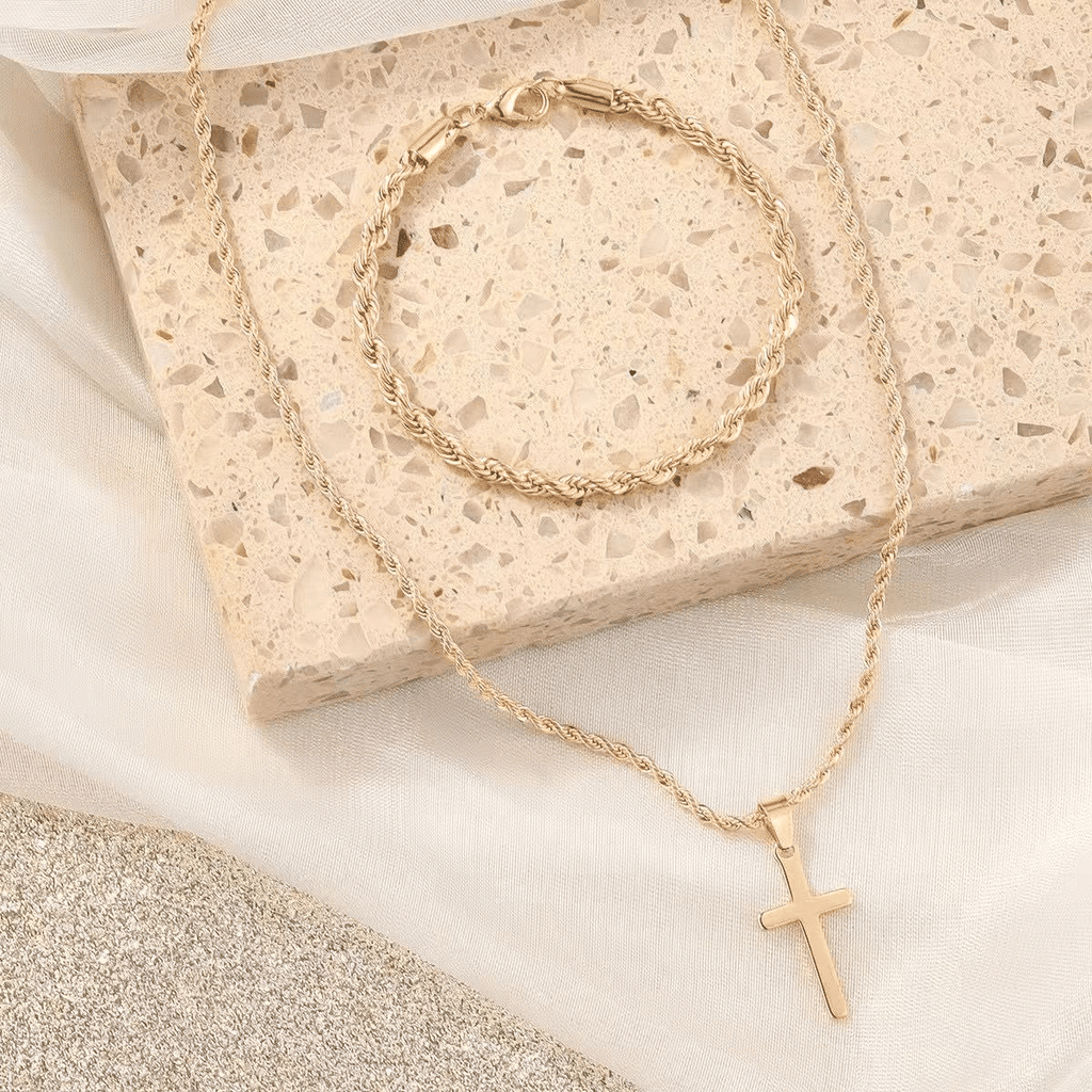 Men's 3-Piece Titanium Steel Cross Jewelry Set - Necklace, Ring, Bracelet