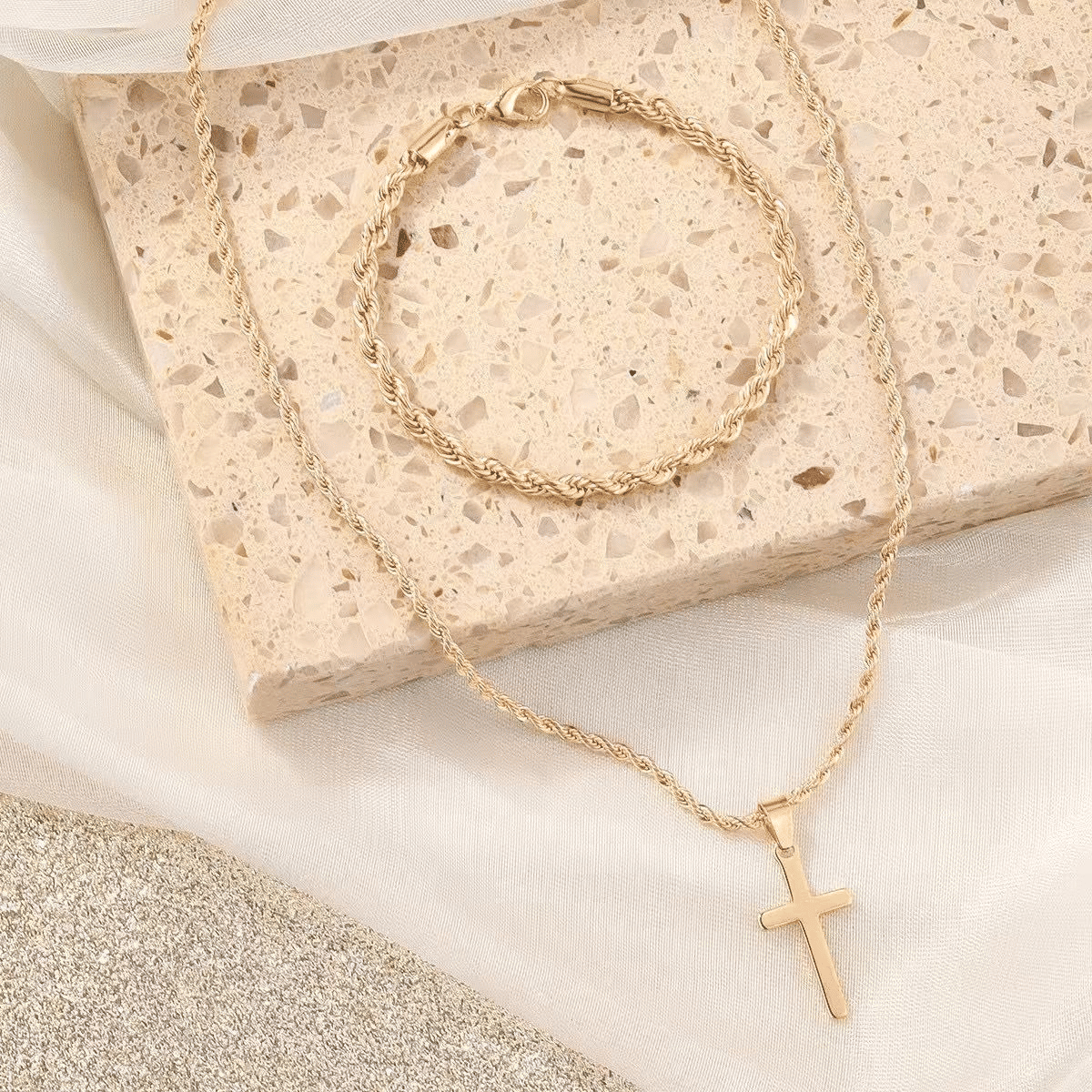 Men's 3-Piece Titanium Steel Cross Jewelry Set - Necklace, Ring, Bracelet