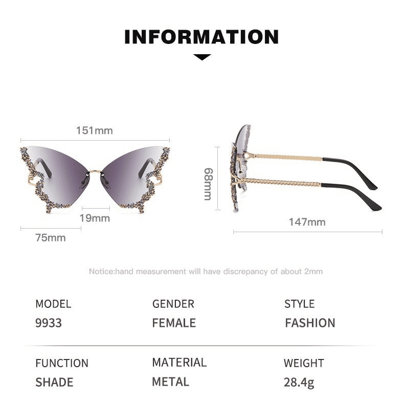 Chic Women's Butterfly Diamond Rimless Sunglasses - UV400 Personality Eyewear