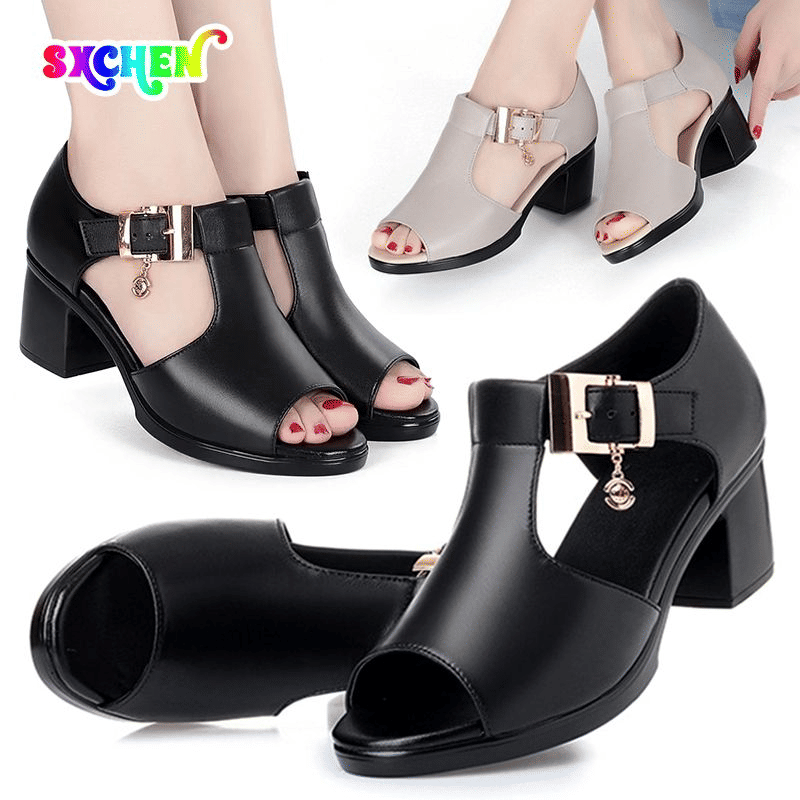 SXCHEN Ladies Roman Fish Mouth Sandals - Versatile Thick Mid-Heel, Comfortable Non-Slip