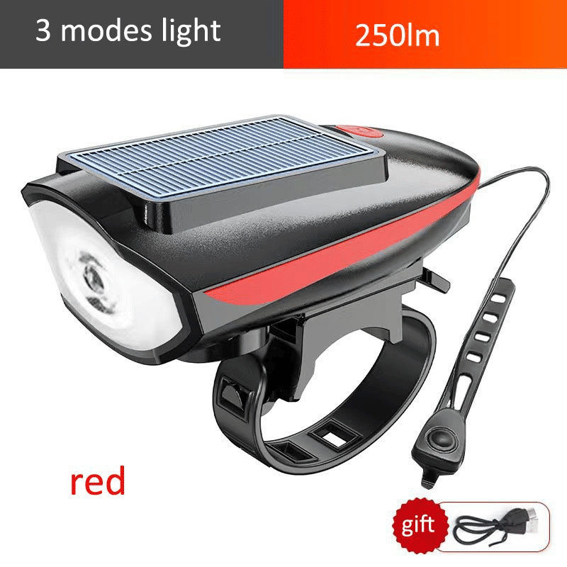 Solar USB Rechargeable LED Bike Light Set - Mountain Cycle Headlight & Taillight with Horn