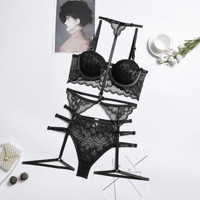 Seductive Black Lace Sequin Suspender Lingerie Set - Three-Piece Silk Nightgown