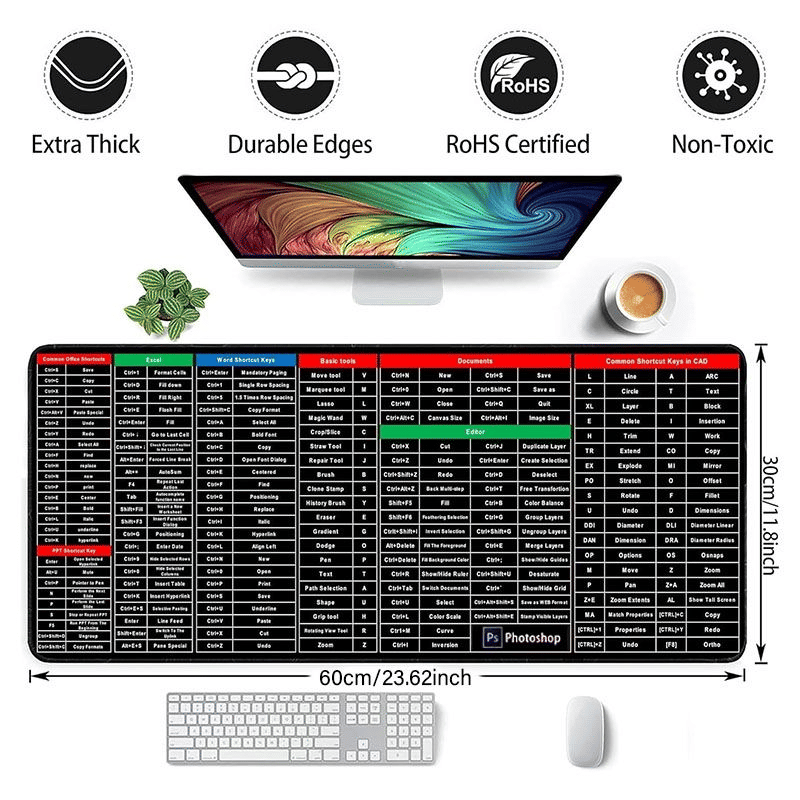 Extra Large Ocean Wave Gaming Desk Mat with English Shortcut Keys, Non-Slip Rubber Base