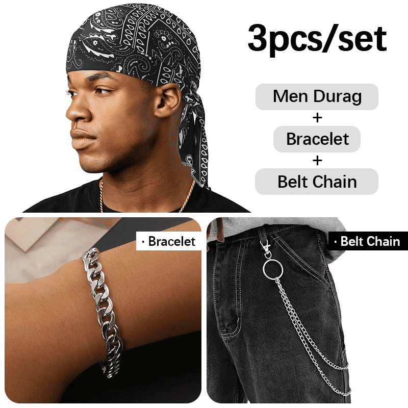 Men's Hip Hop Black Durag, Cuban Link Bracelet & Belt Chain Set