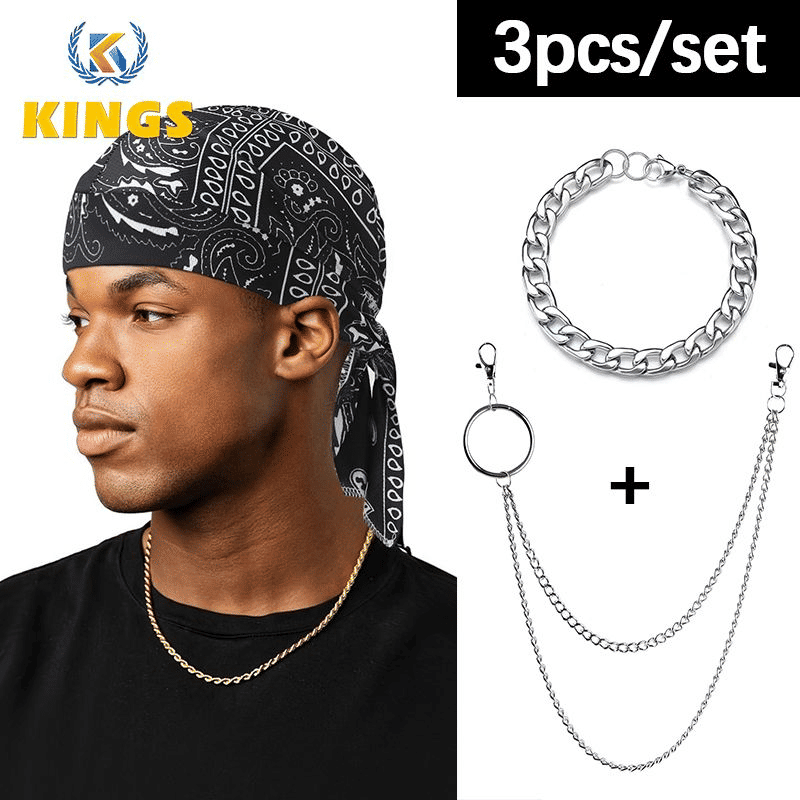 Men's Hip Hop Black Durag, Cuban Link Bracelet & Belt Chain Set
