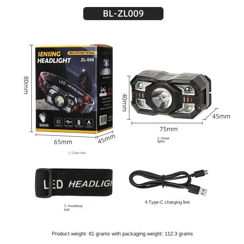 Rechargeable 2000 Lumen LED Headlamp, Red Light, Motion Sensor for Outdoors