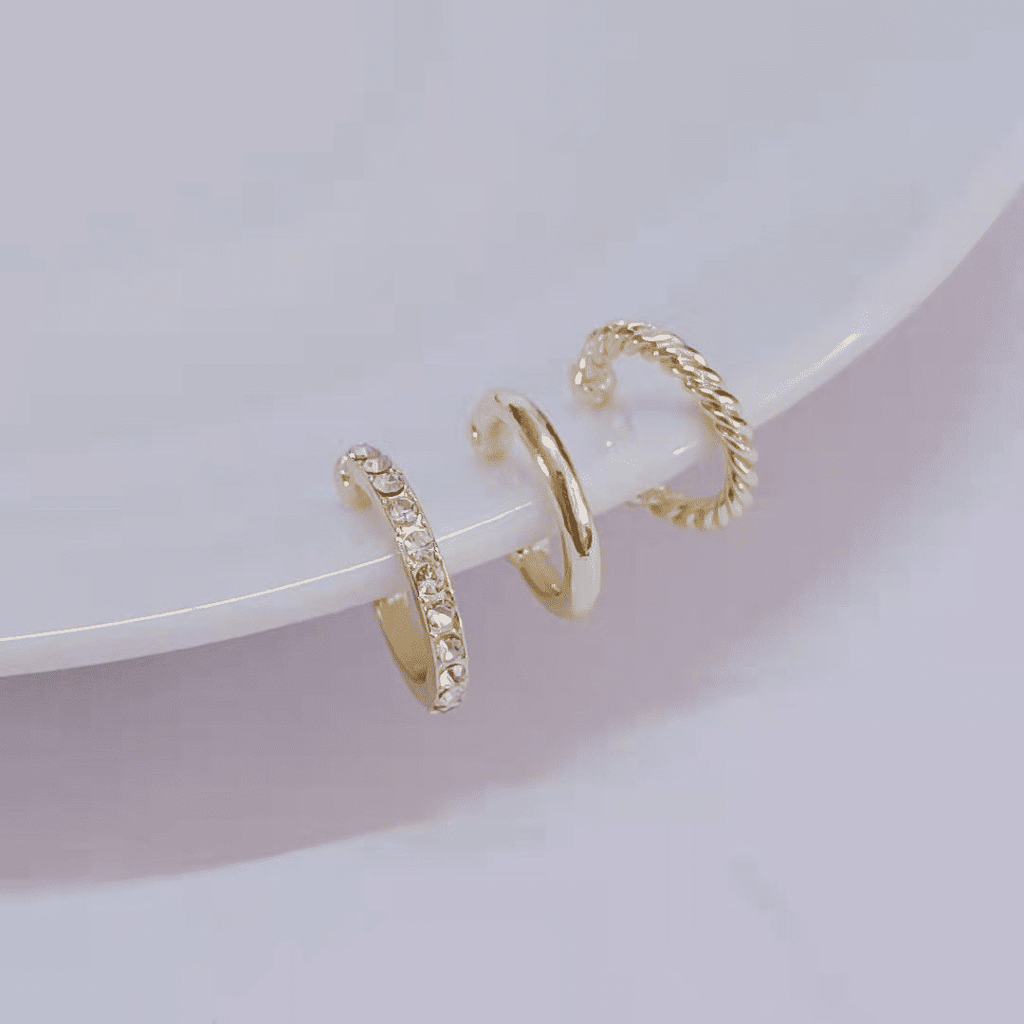3-Piece Gold C-Shaped Diamond Inlay Ear Cuff Set - No Piercing, Trendy