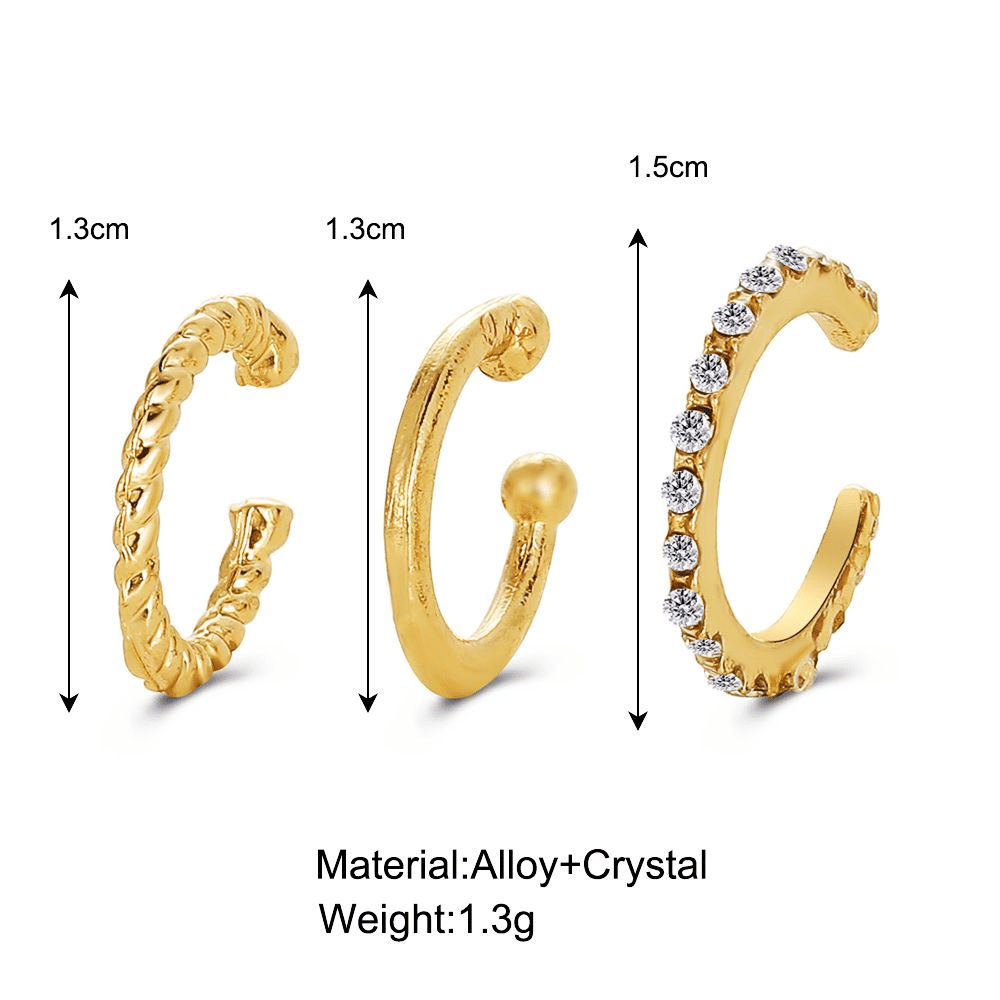 3-Piece Gold C-Shaped Diamond Inlay Ear Cuff Set - No Piercing, Trendy