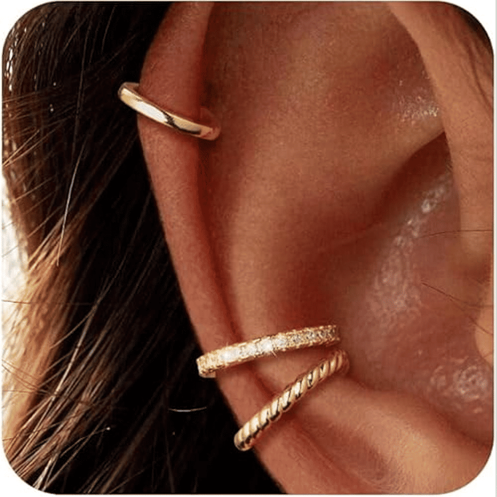 3-Piece Gold C-Shaped Diamond Inlay Ear Cuff Set - No Piercing, Trendy