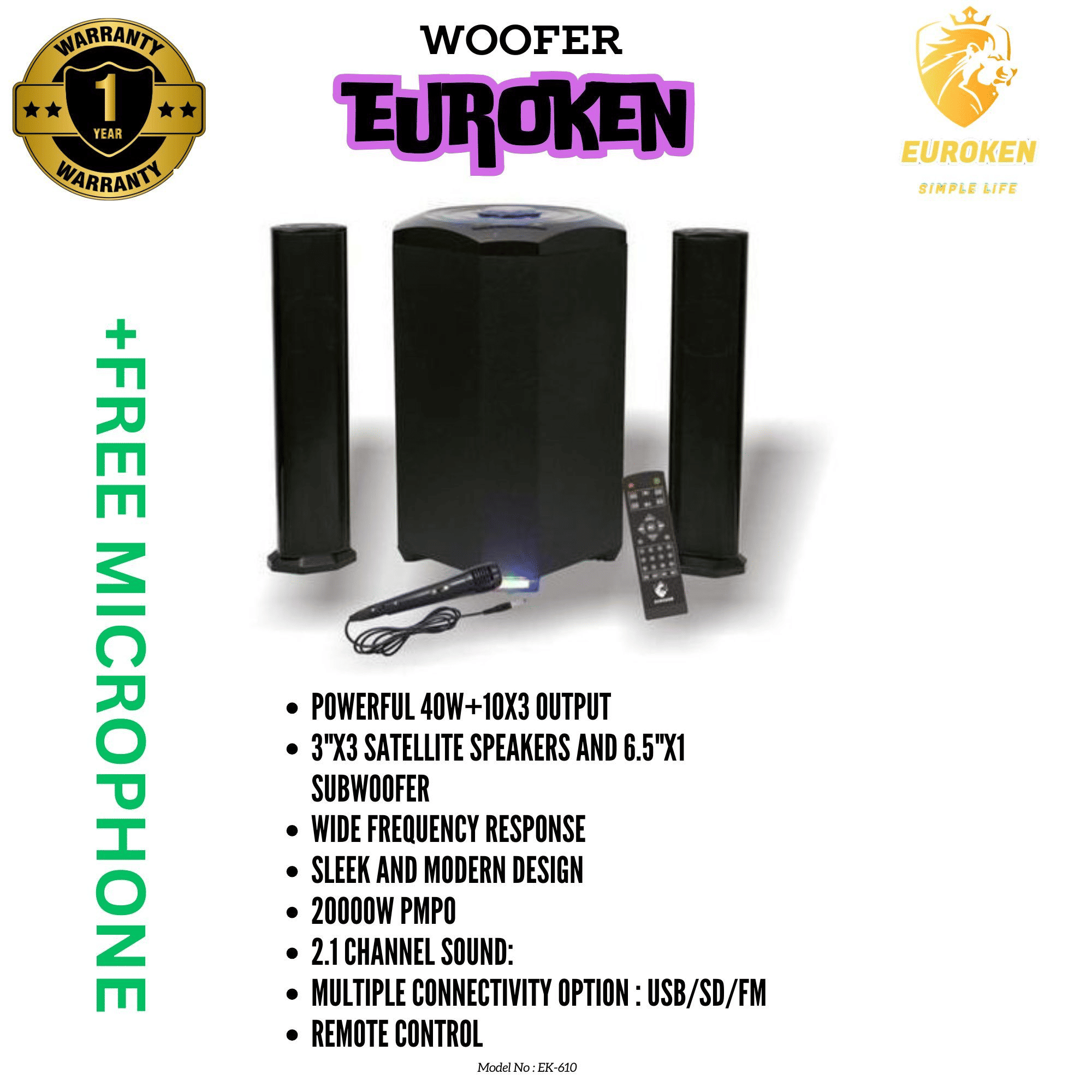EUROKEN MTUNGI EK-607 2.1CH 20000 PMPO Bluetooth Home Theater System
