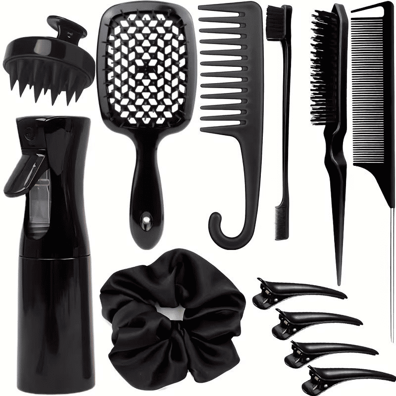 12-Piece Professional Hair Styling Comb Set: Detangling, Teasing, Scalp Massager, Spray Bottle