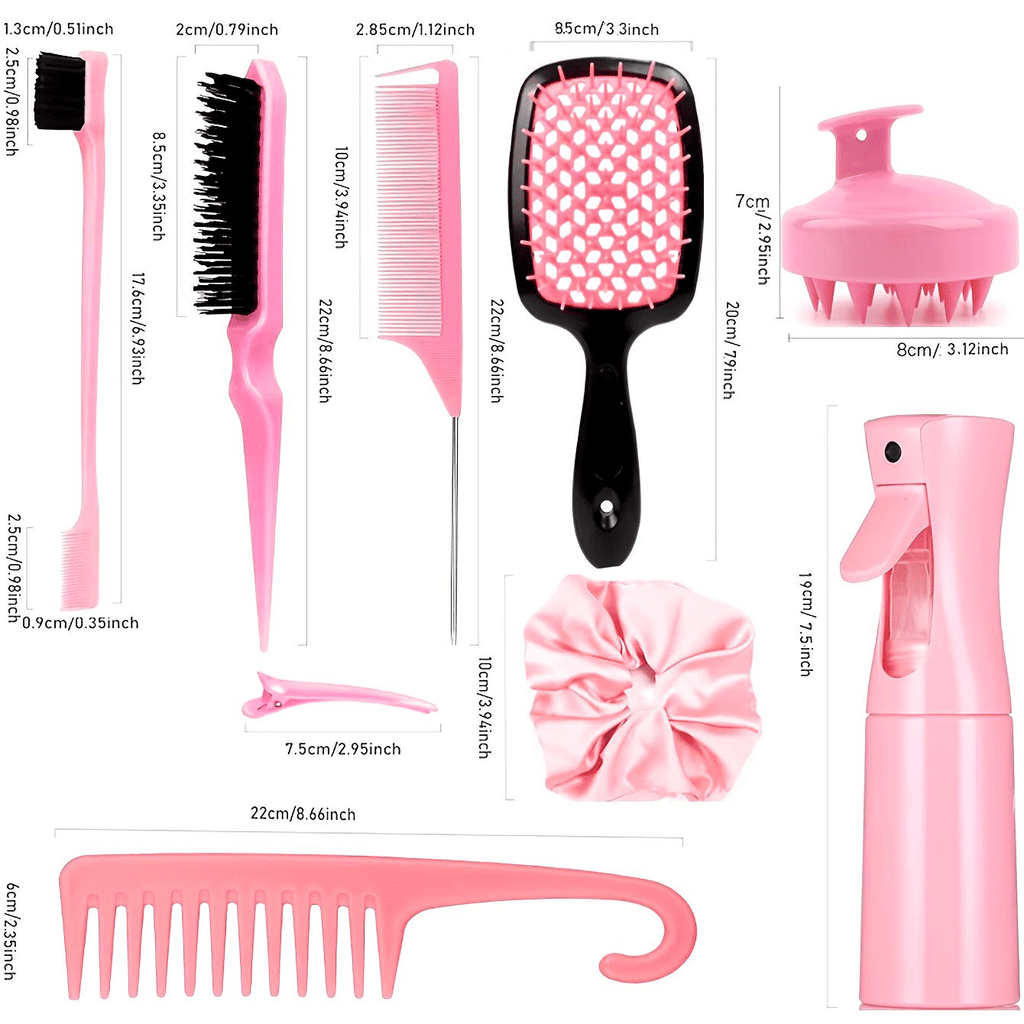 12-Piece Professional Hair Styling Comb Set: Detangling, Teasing, Scalp Massager, Spray Bottle