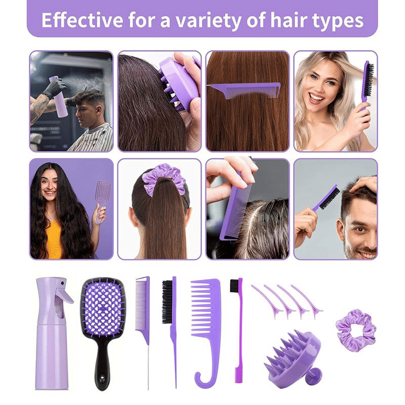 12-Piece Professional Hair Styling Comb Set: Detangling, Teasing, Scalp Massager, Spray Bottle