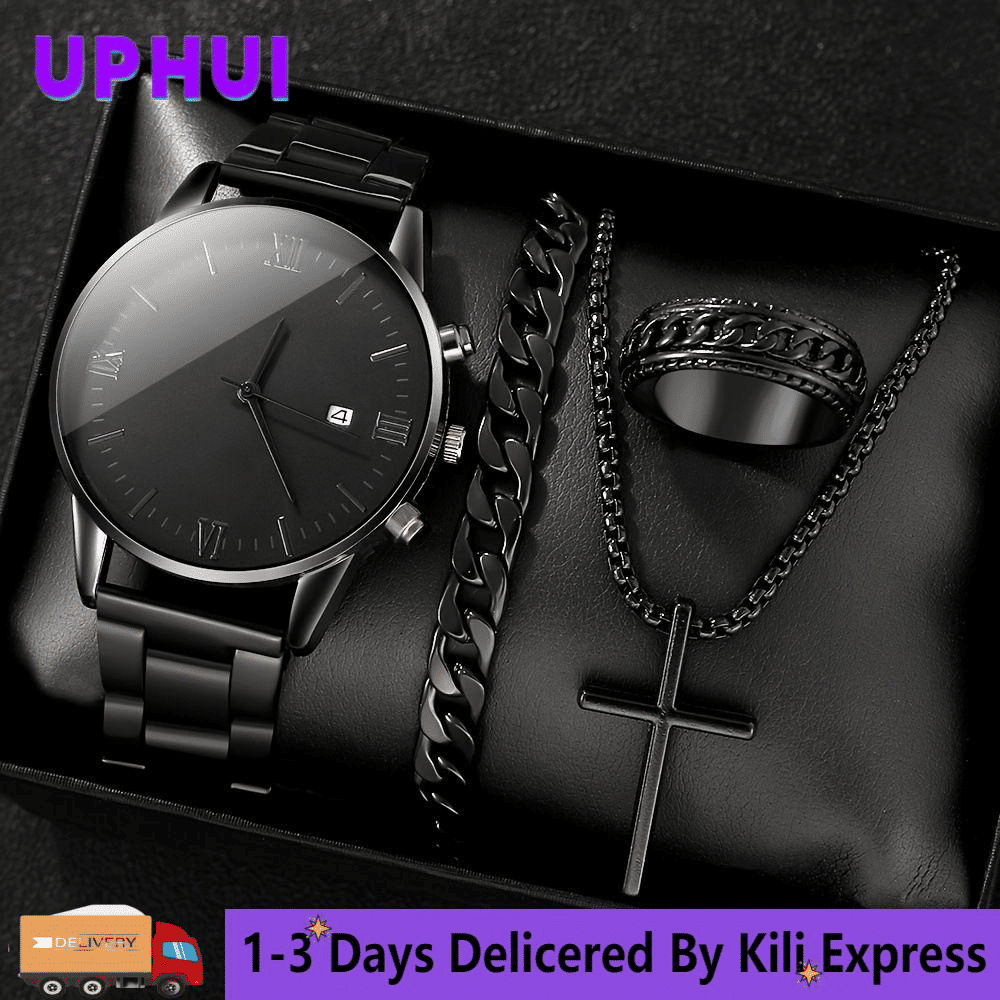 Black Men's 4-Piece Calendar Watch Set with Exquisite Ring Bracelet Necklace