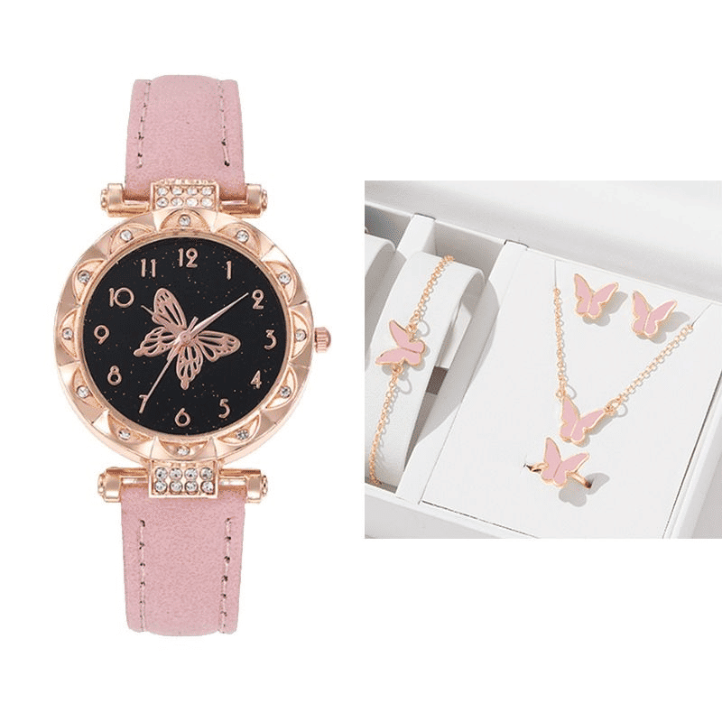 Elegant UPHUI 6-Piece Butterfly Quartz Watch & Matching Jewelry Set for Women
