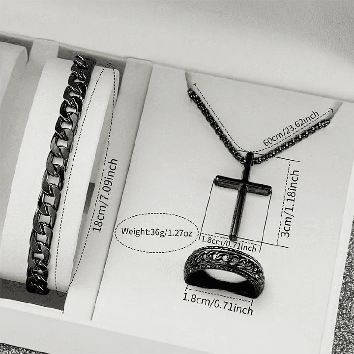 Black Men's 4-Piece Calendar Watch Set with Exquisite Ring Bracelet Necklace