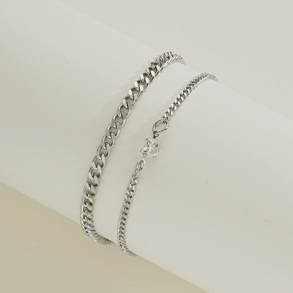 Elegant Stainless Steel Couple Bracelet Set with Crystal Heart Charm