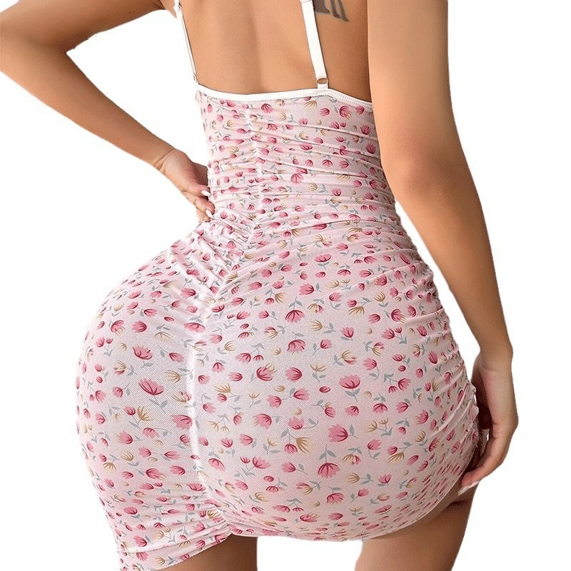 Elegant Floral Print V-Neck Spaghetti Strap Nightdress with Delicate Lace Trim