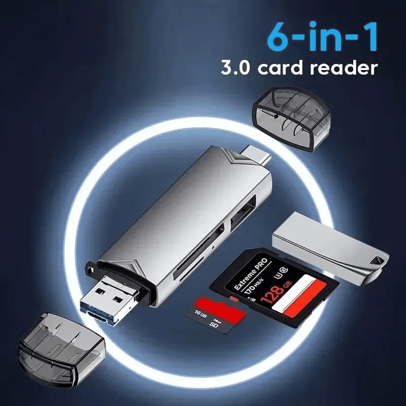 6-in-1 Multifunction USB 3.0 Card Reader Type-C/USB/TF/SD Flash Drive