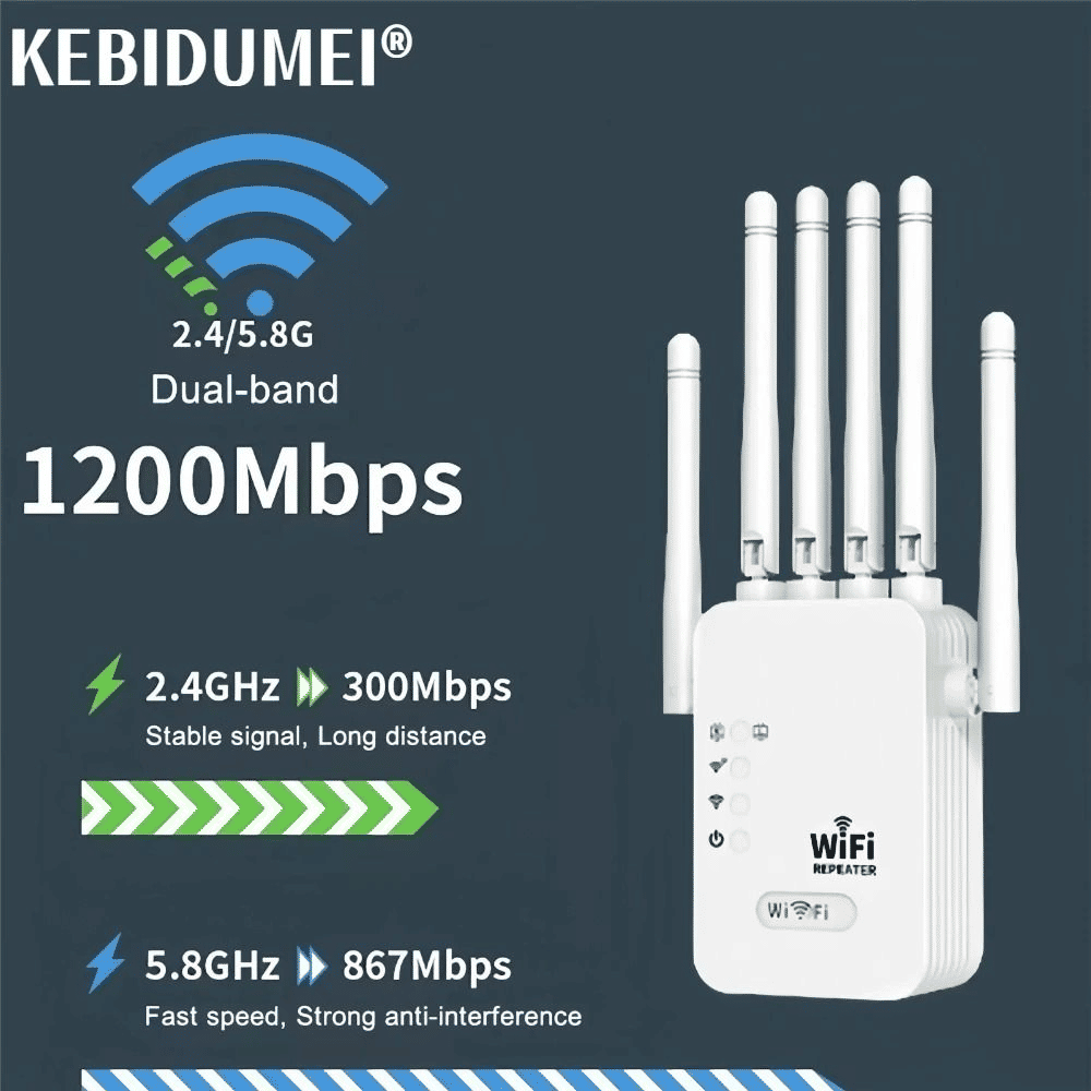 Powerful 1200Mbps Dual-Band WiFi Repeater Booster | 2.4G/5GHz Signal Extender