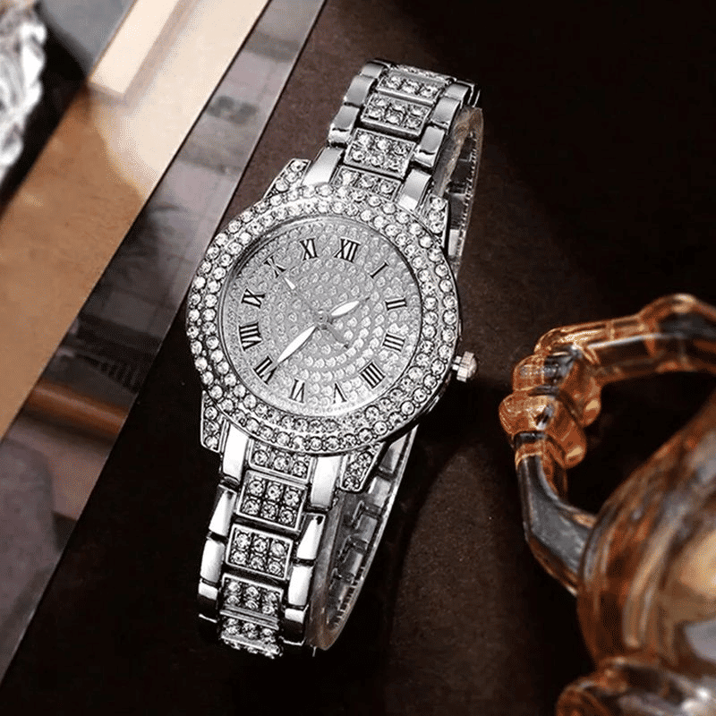 Elegant Women's Diamond Quartz Watch & Jewelry Set - Ring, Necklace, Earrings, Bracelet