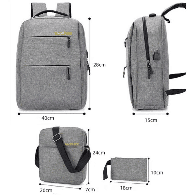 3-Piece Men's Anti-Theft USB Laptop Backpack Set, School Bookbag & Travel Bag