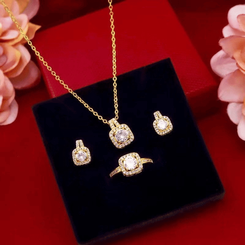 Elegant Gold Zircon 3-Piece Jewelry Set: Earrings, Ring, Necklace, Women's Pendant