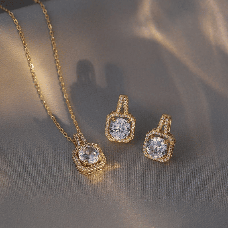 Elegant Gold Zircon 3-Piece Jewelry Set: Earrings, Ring, Necklace, Women's Pendant