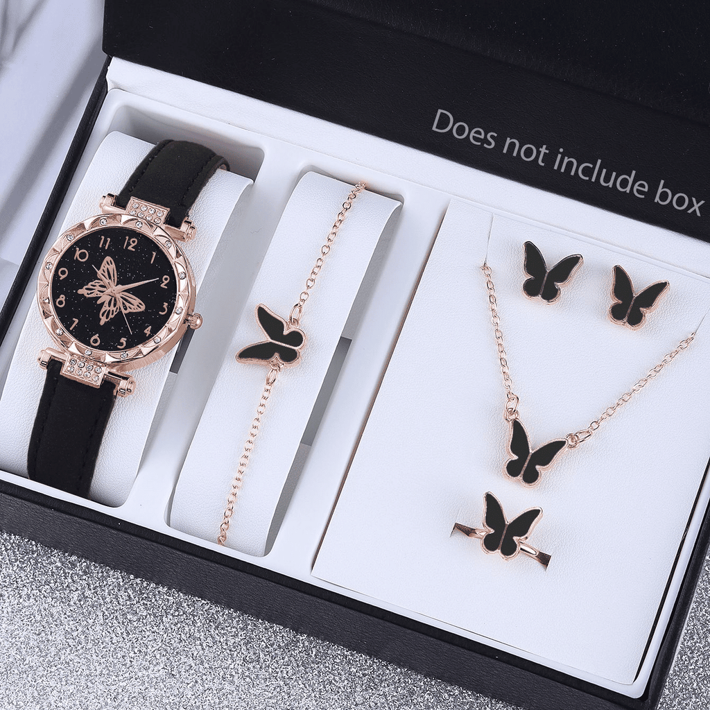 Elegant UPHUI 6-Piece Butterfly Quartz Watch & Matching Jewelry Set for Women