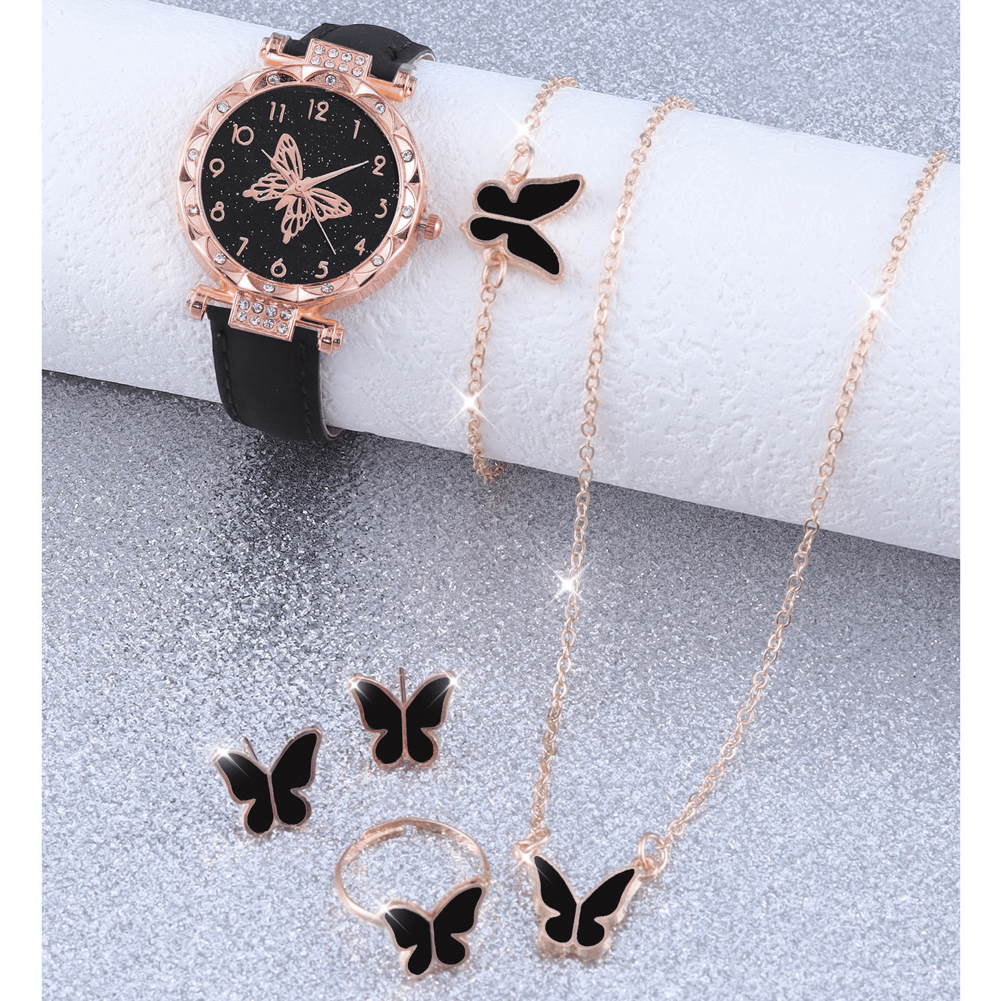 Elegant UPHUI 6-Piece Butterfly Quartz Watch & Matching Jewelry Set for Women