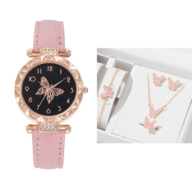 Elegant UPHUI 6-Piece Butterfly Quartz Watch & Matching Jewelry Set for Women