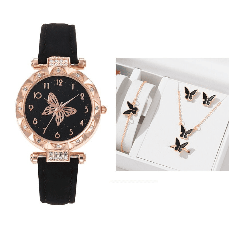 Elegant UPHUI 6-Piece Butterfly Quartz Watch & Matching Jewelry Set for Women